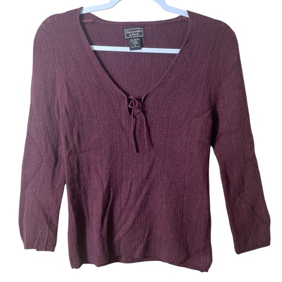 Y2K Abercrombie & Fitch Lambswool Blend Sweater Size M Burgundy Knit Tie Front - Picture 1 of 8
